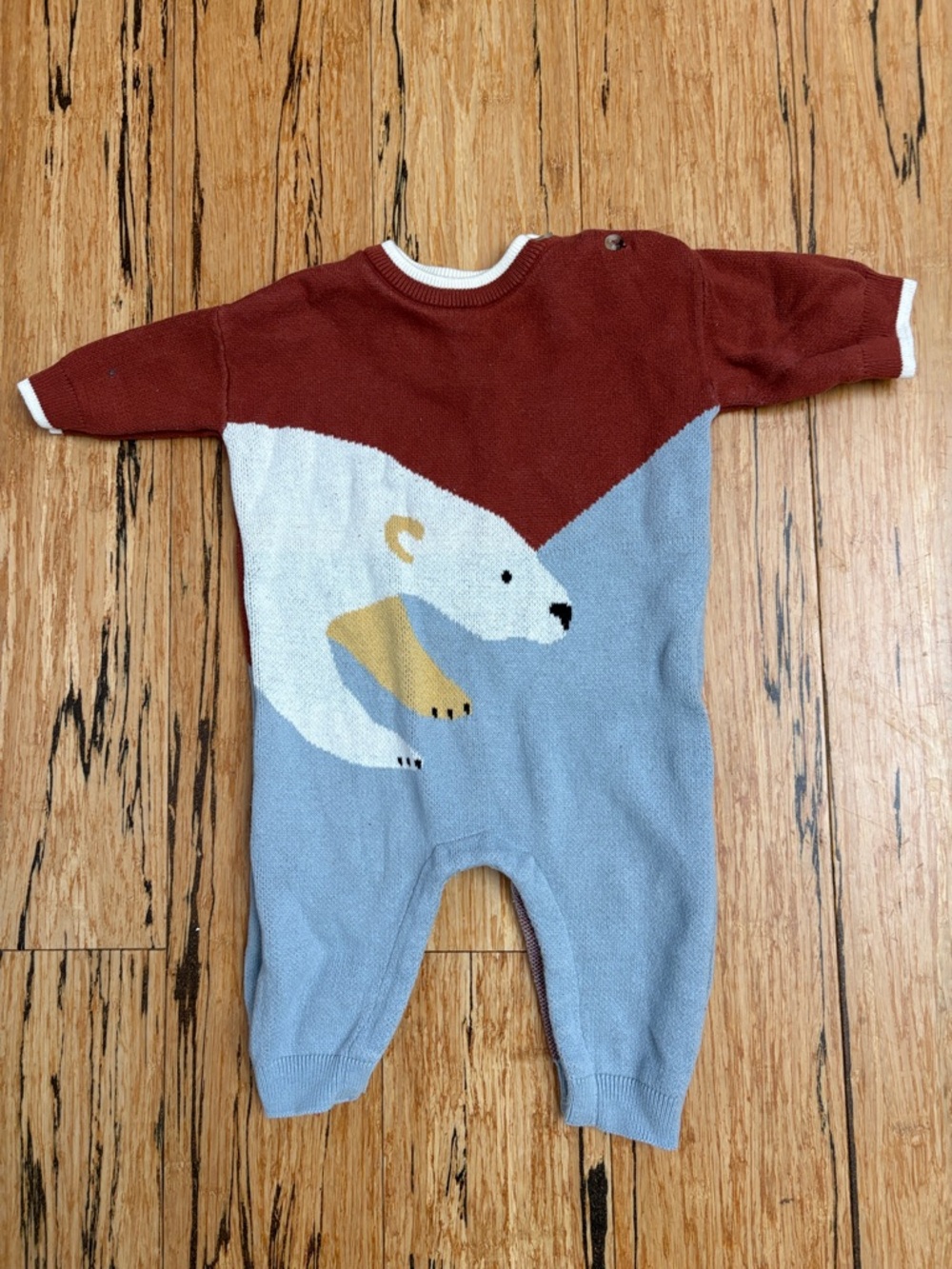 Hanna Andersson Maroon & Light Blue Polar Bear Knit One-Piece